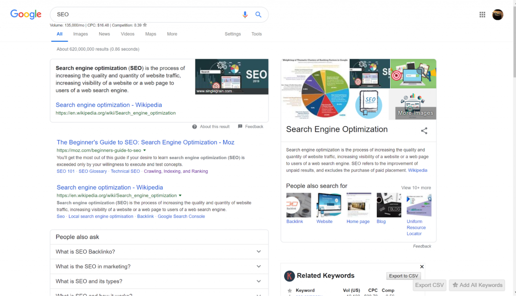 zrzut ekranu wyników wyszukiwania dla słowa kluczowego "SEO"